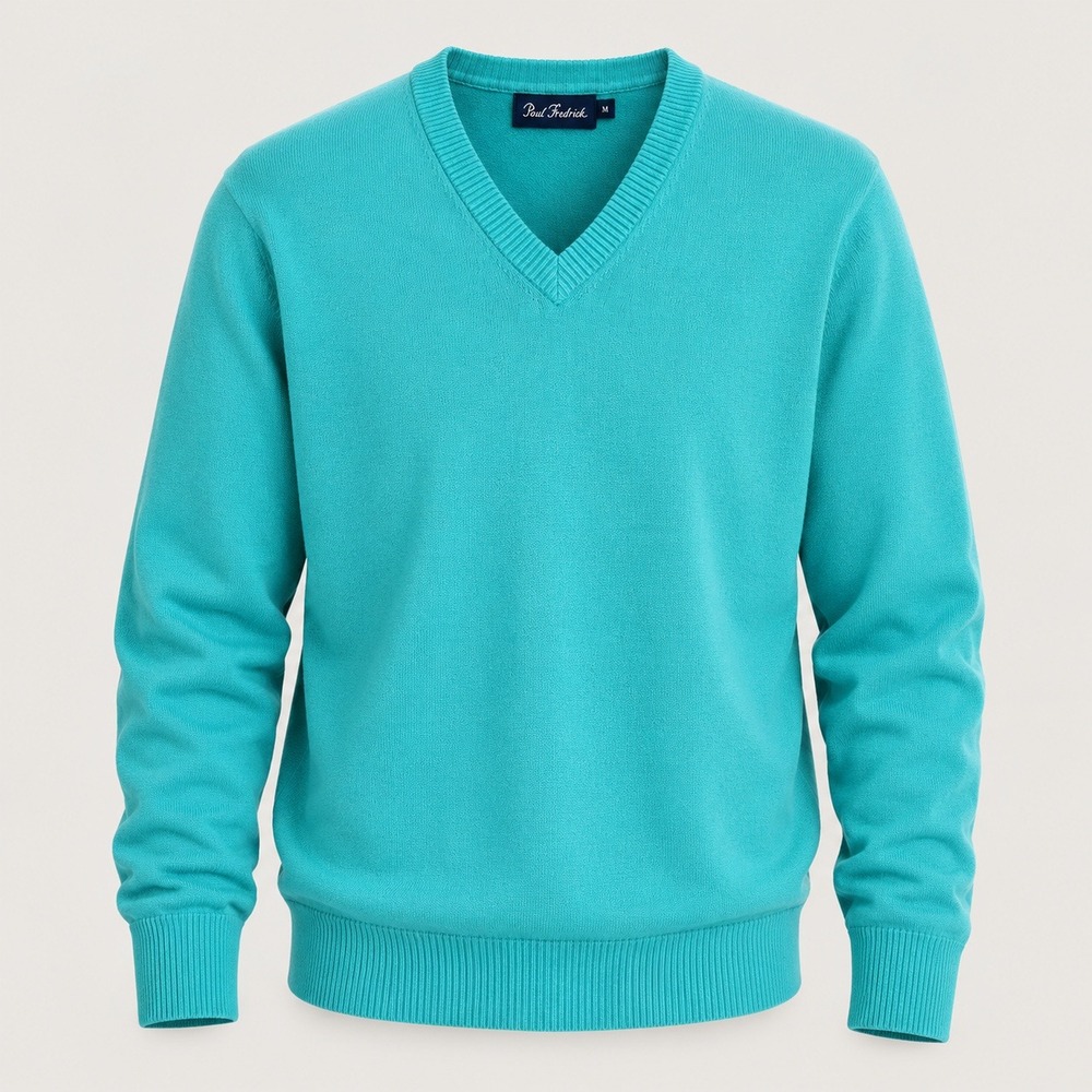 Paul Fredrick Mens XL Turquoise Teal 100% Pima Cotton V-Neck Sweater Fine Knit